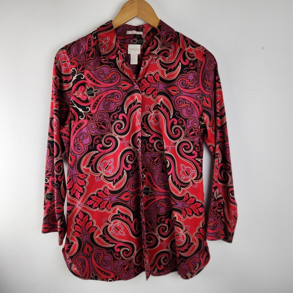 Chicos Women's OP Small Pettie Pink Button Up Long Sleeve No-Iron Blouse Shirt
